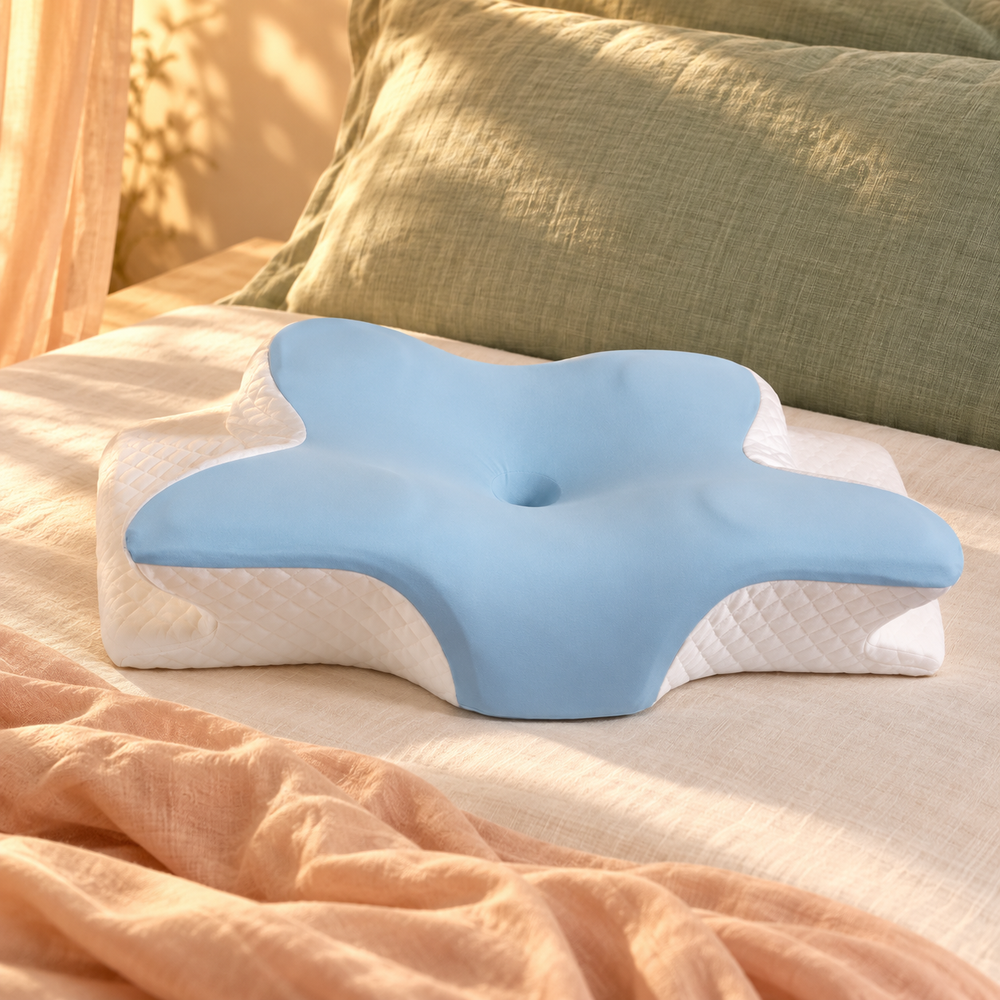 Blue butterfly cervical pillow in a bedroom composition