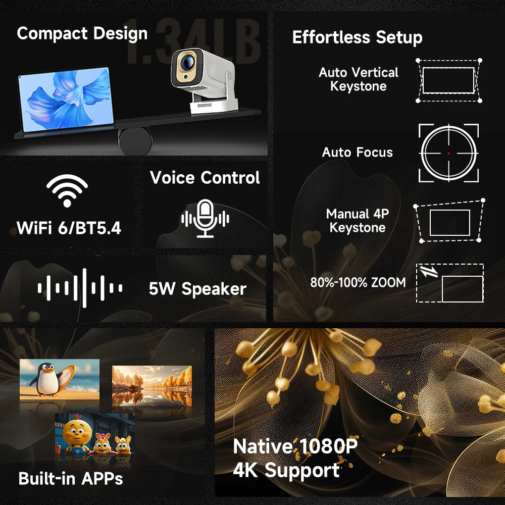 Lumiqo HY310 Auto Focus Projector 1080P Native 4K 330ANSI Android 11 WiFi6 BT5.4 Mini Outdoor Movie Projector with Air Mouse