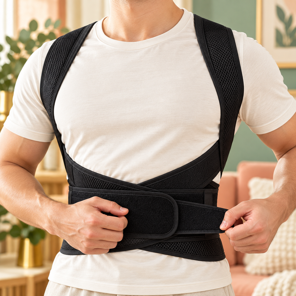 Hands fastening the brace waist belt