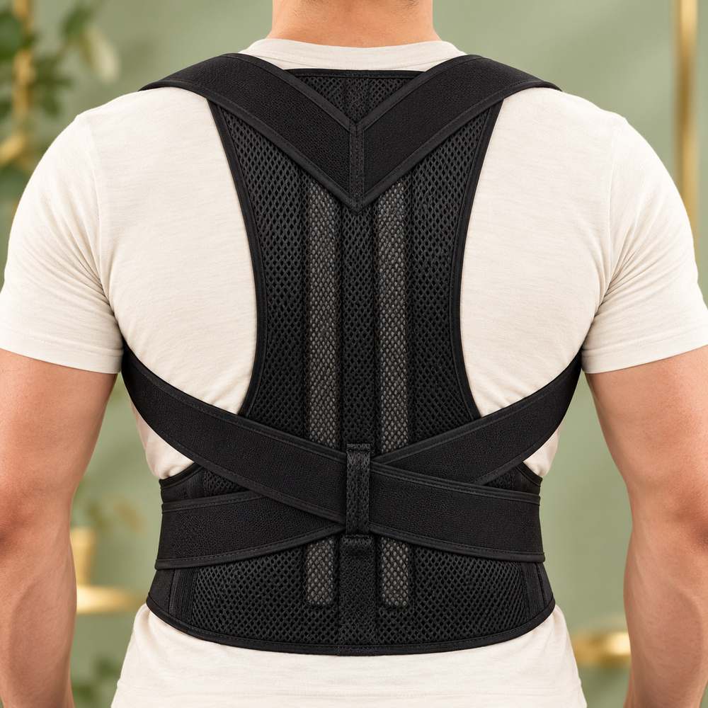 Rear mesh panel and crossed adjustment straps