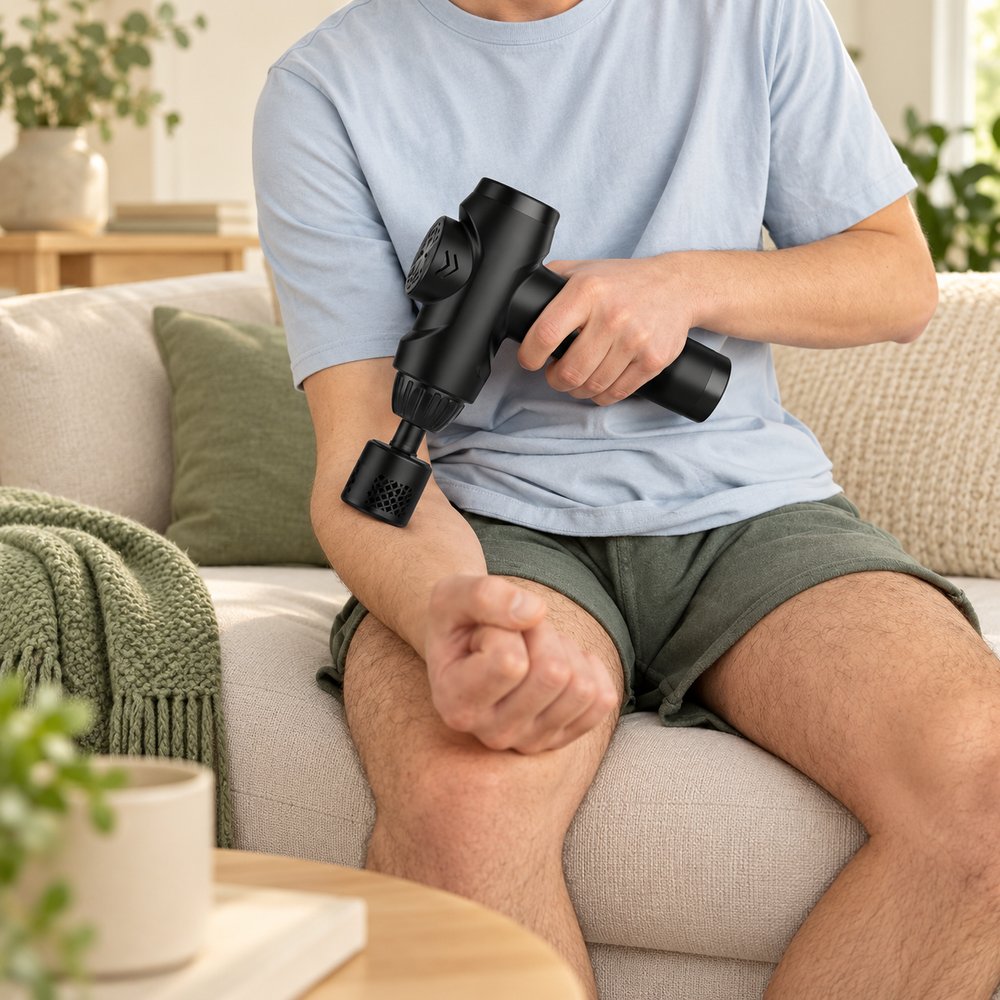 LINGTENG massage gun used on a forearm