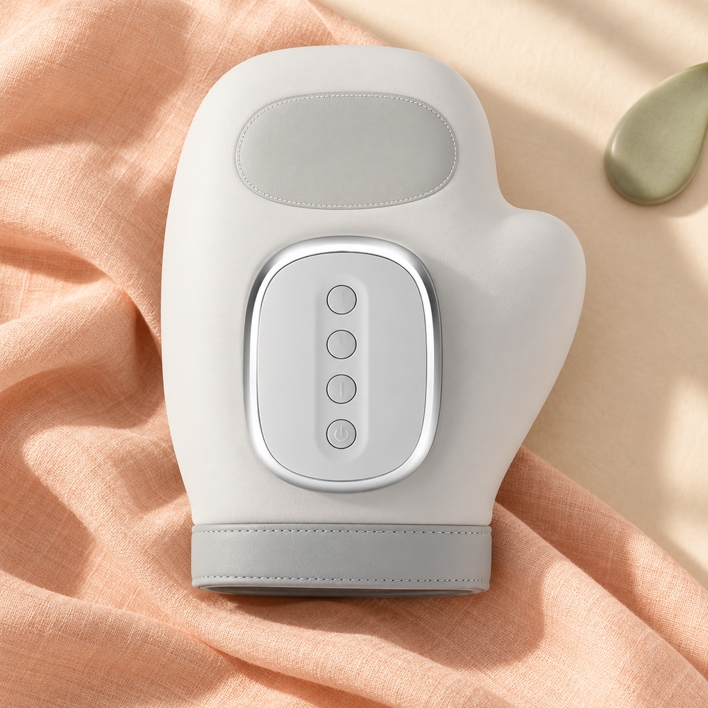 Top view of the white mitten-shaped hand massager