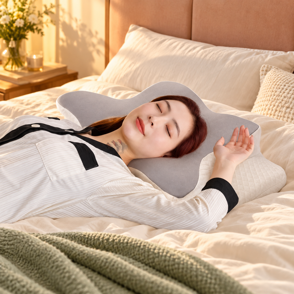 Gray butterfly pillow shown beneath a person resting on their back