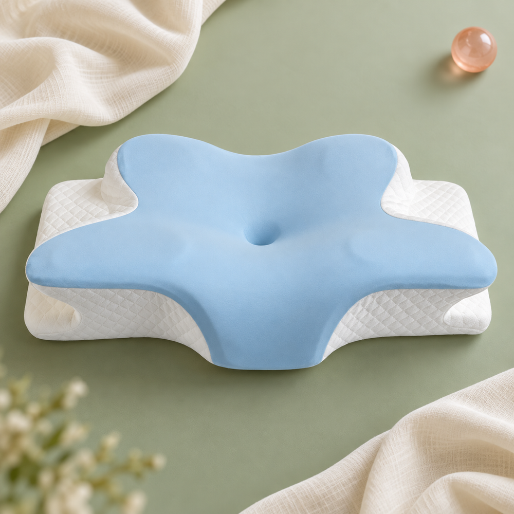 Blue butterfly pillow showing its contoured shape