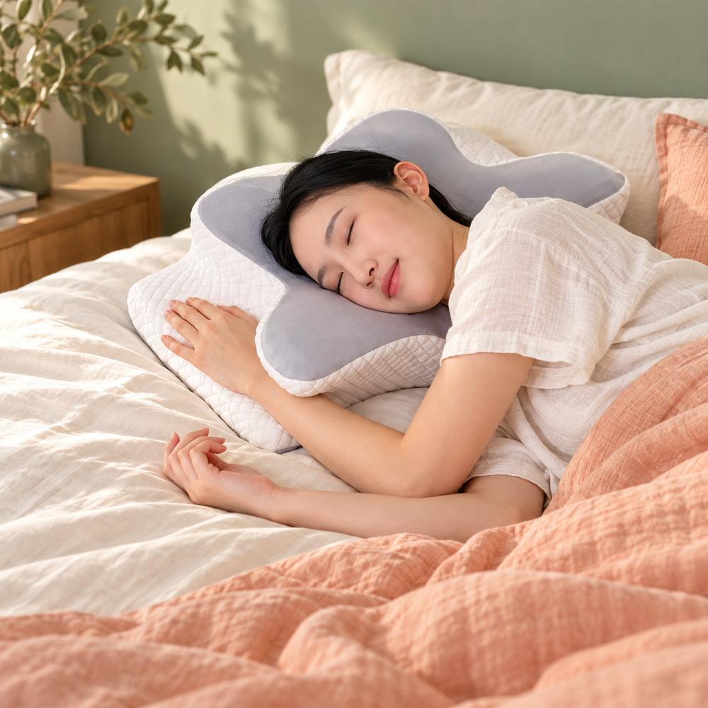 Gray butterfly pillow shown supporting a person resting on their side