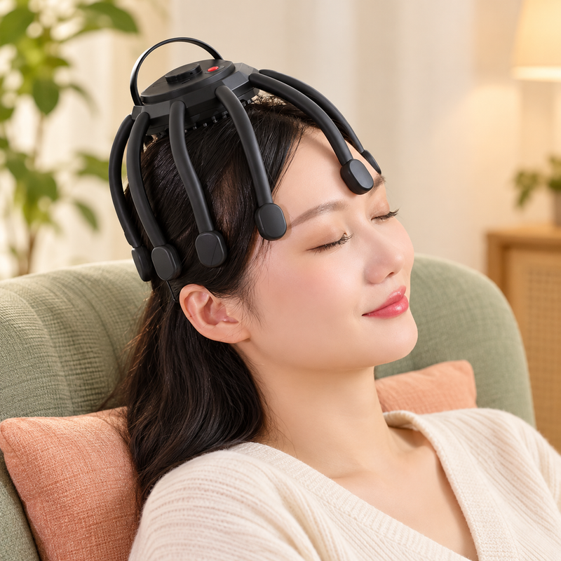 Black eight-claw scalp massager in use